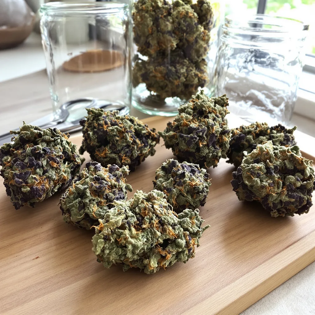 Deep Purple 70% indica / 20% sativa — fleur avec trichomes visibles