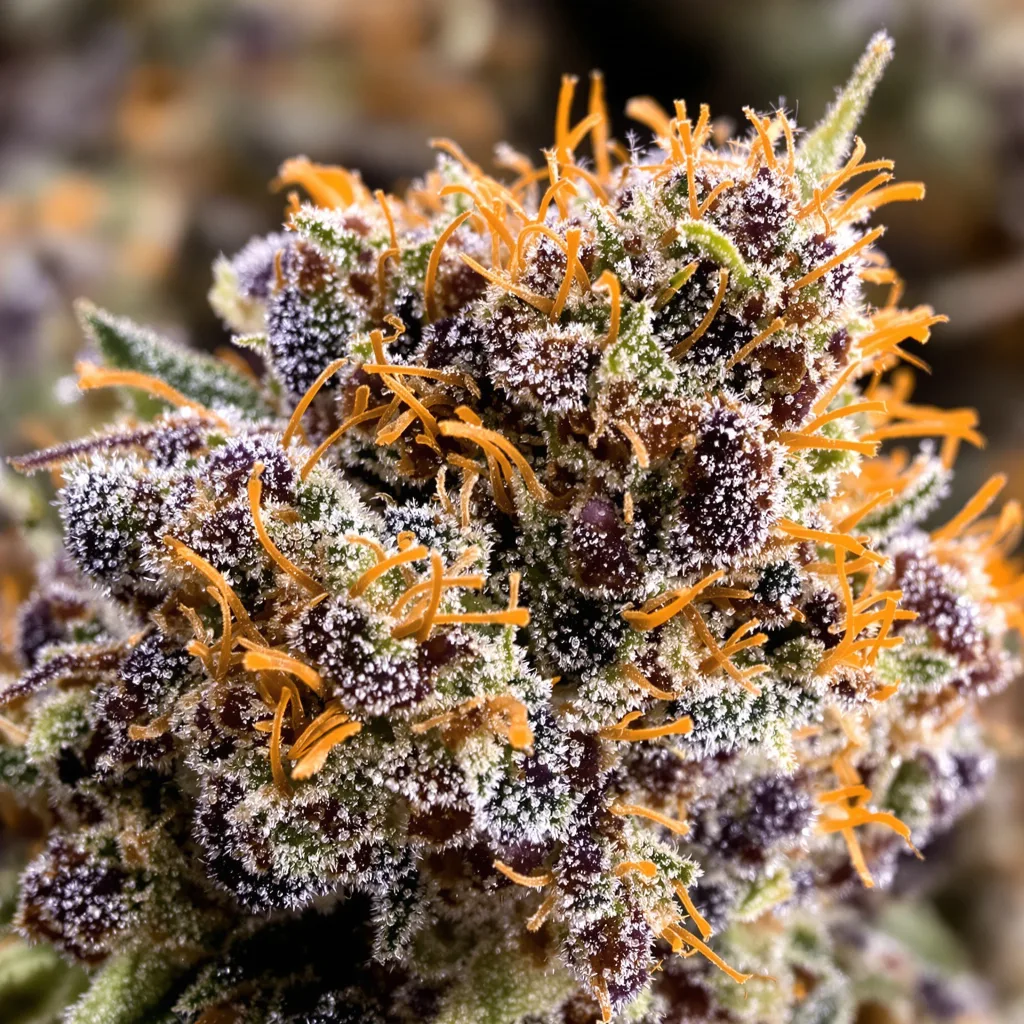 Gros plan de fleur de cannabis Deep Purple montrant calices denses aux reflets violets
