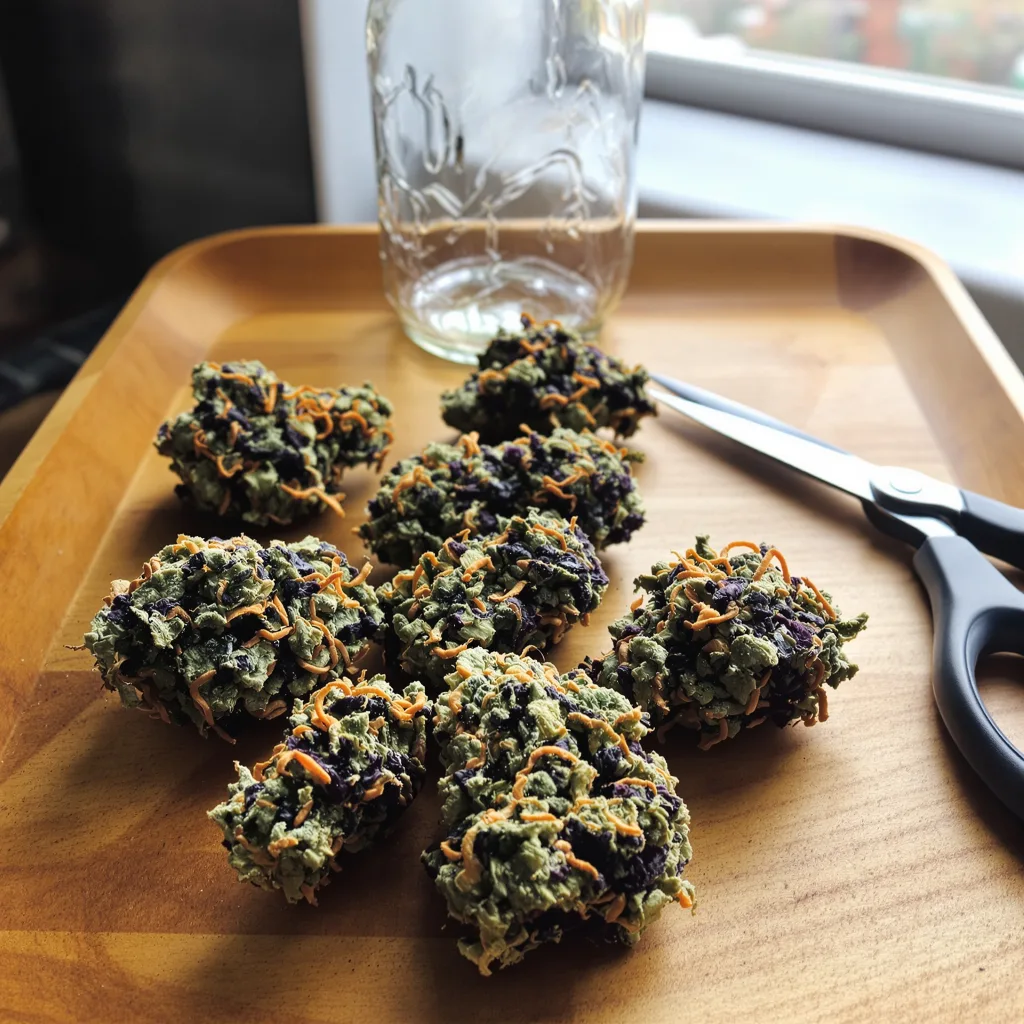 Deep Purple 70% indica / 20% sativa — fleur avec trichomes visibles