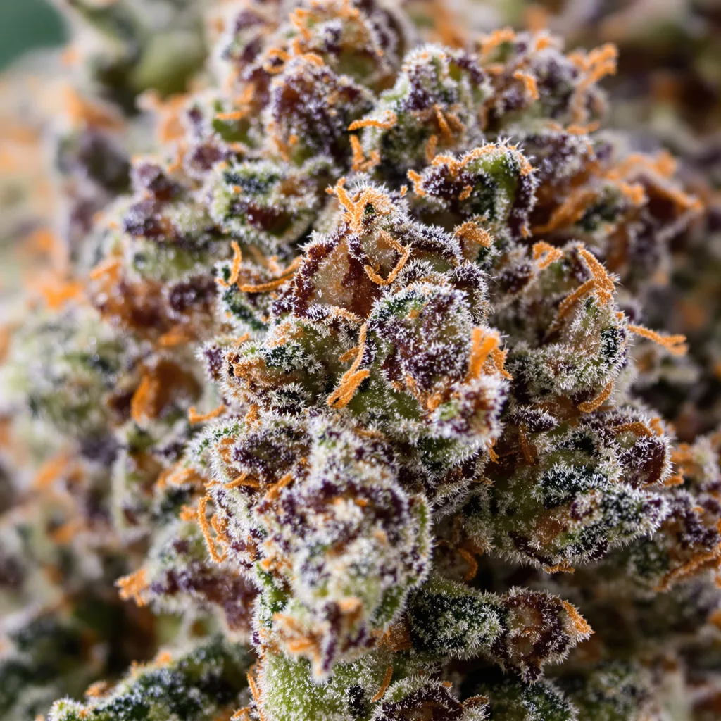 Gros plan de fleur de cannabis Deep Purple montrant calices denses aux reflets violets