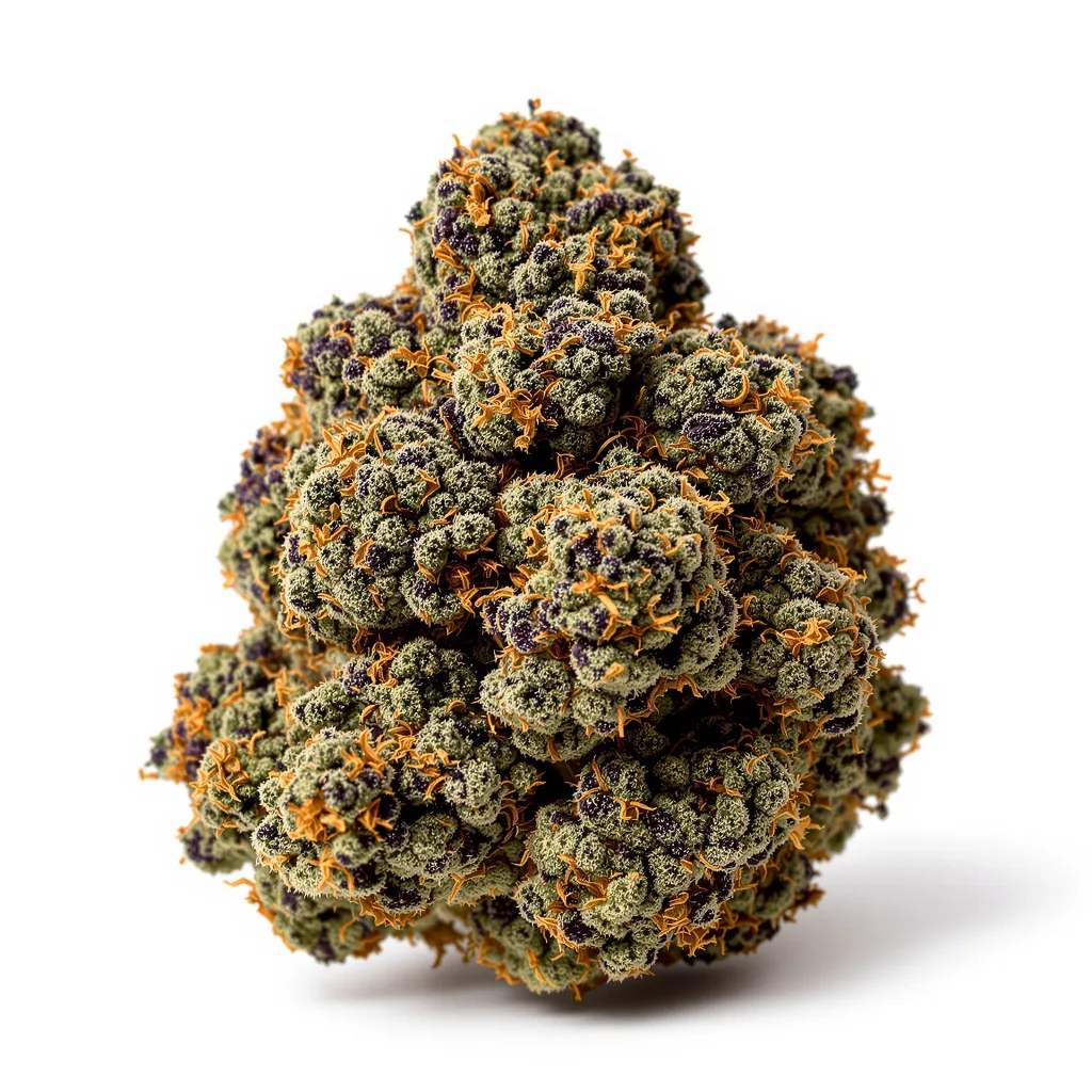 Deep Purple 70% indica / 20% sativa — fleur avec trichomes visibles