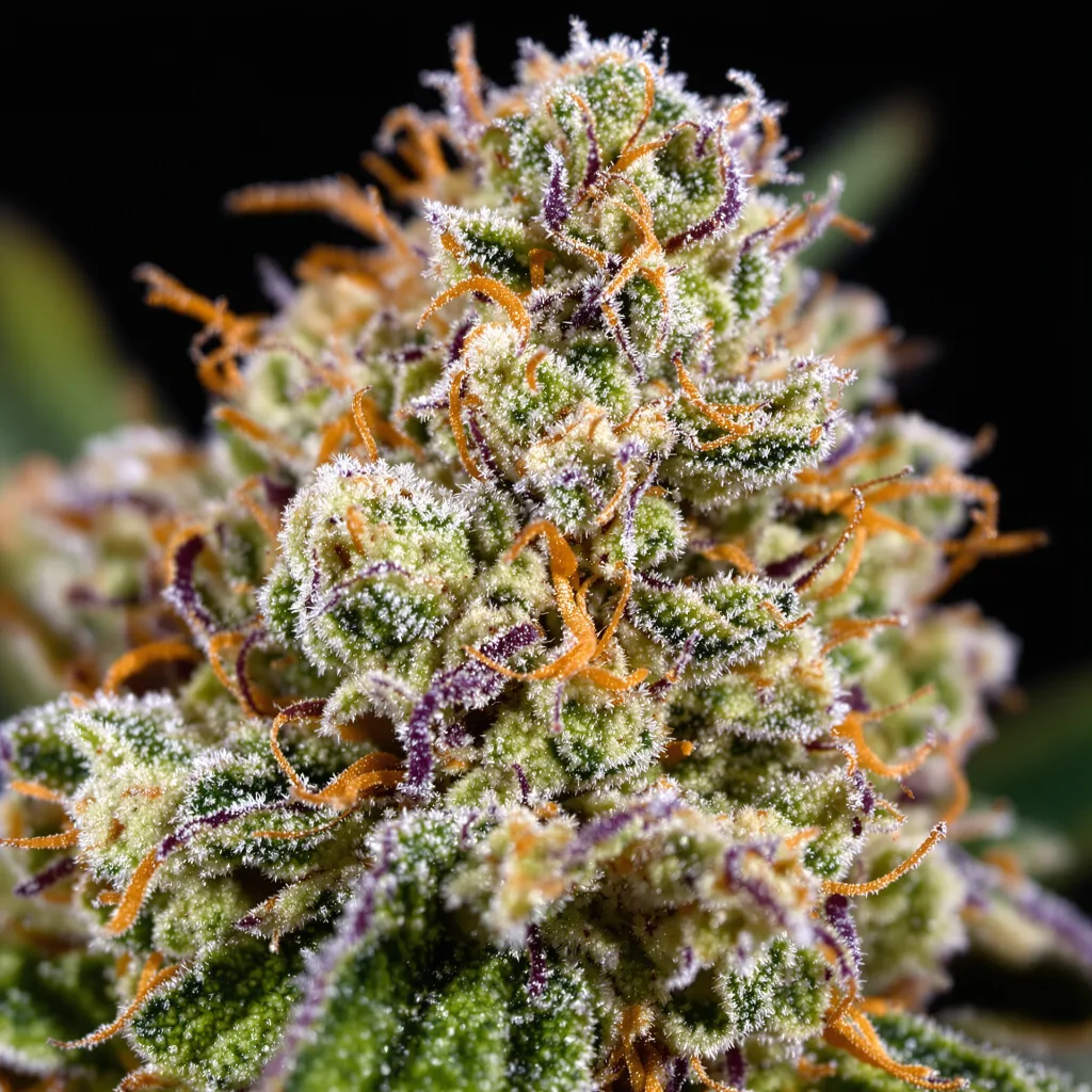 Gros plan de fleur de cannabis Diablo montrant structure équilibrée avec trichomes givrés