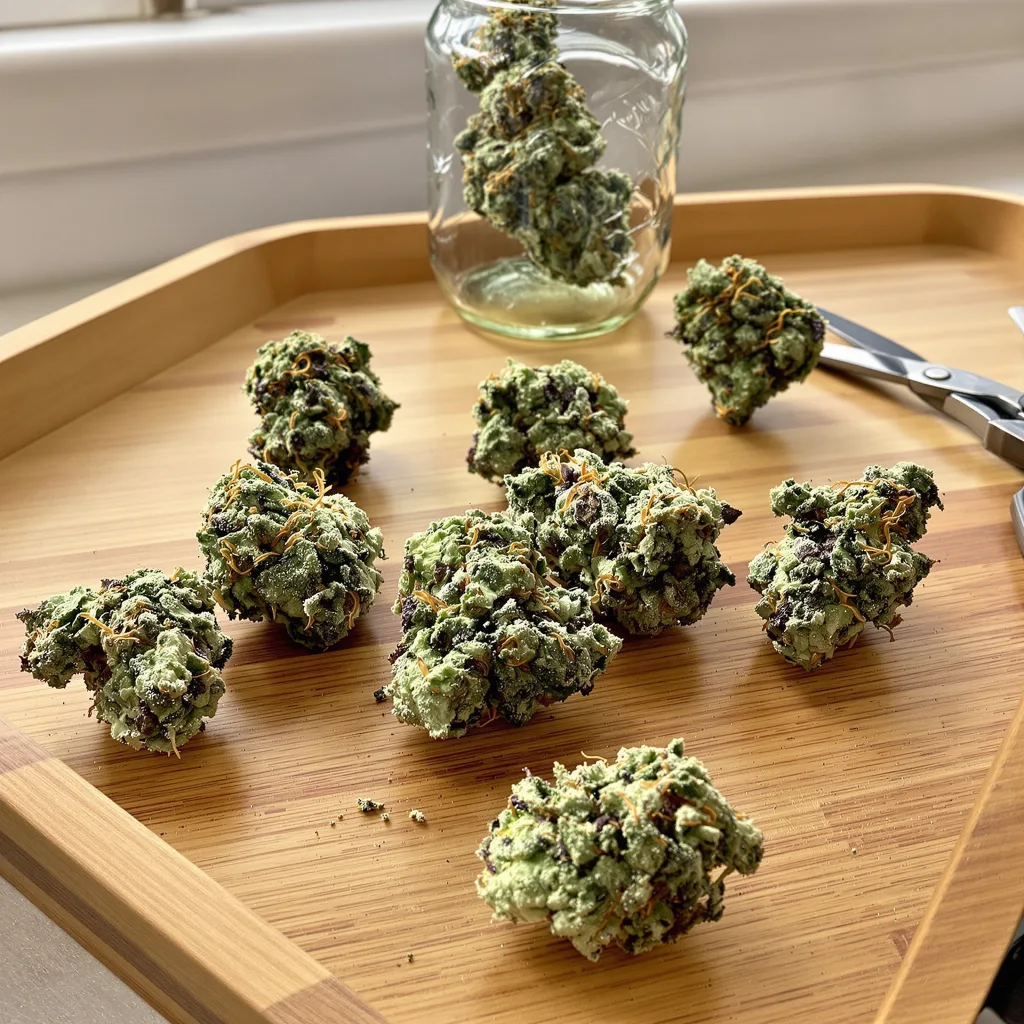 Diamond Valley Kush 46% indica / 54% sativa — fleur avec trichomes visibles