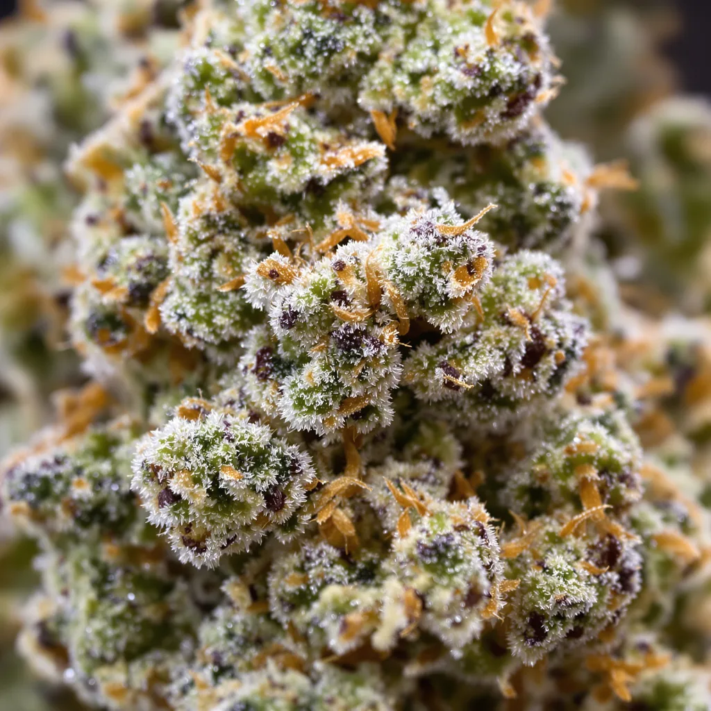 Gros plan de fleur de cannabis Diamond Valley Kush montrant structure équilibrée avec trichomes givrés