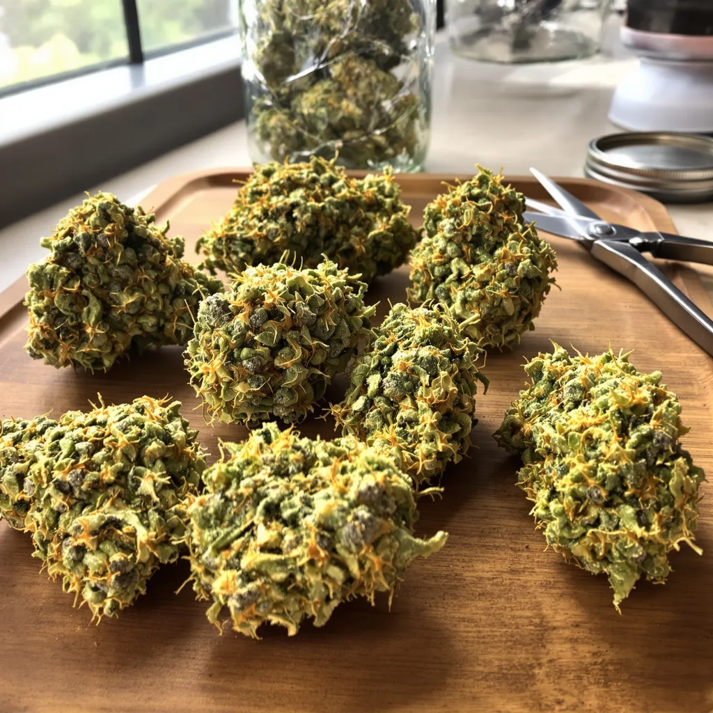 Diesel Duff 21% indica / 79% sativa — fleur avec trichomes visibles