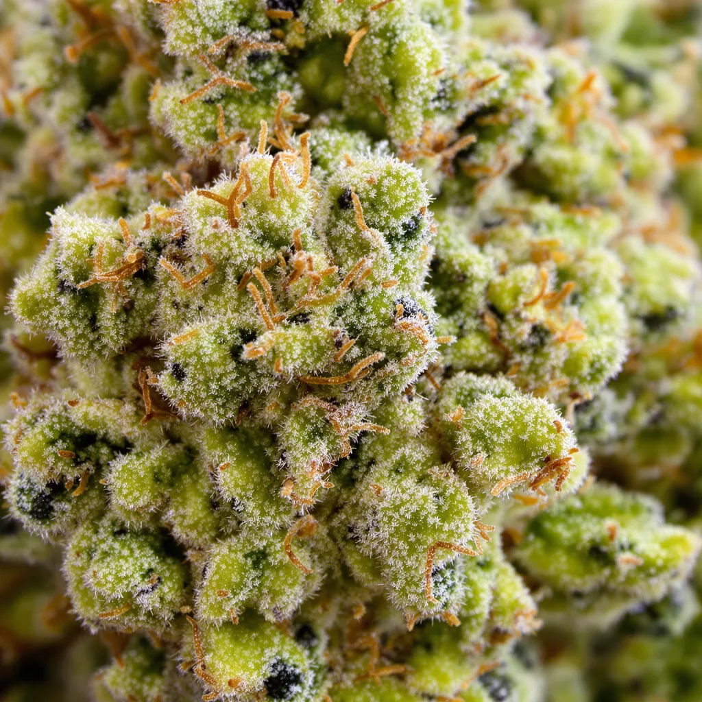 Gros plan de fleur de cannabis Diesel Duff montrant structure aérée vert lime