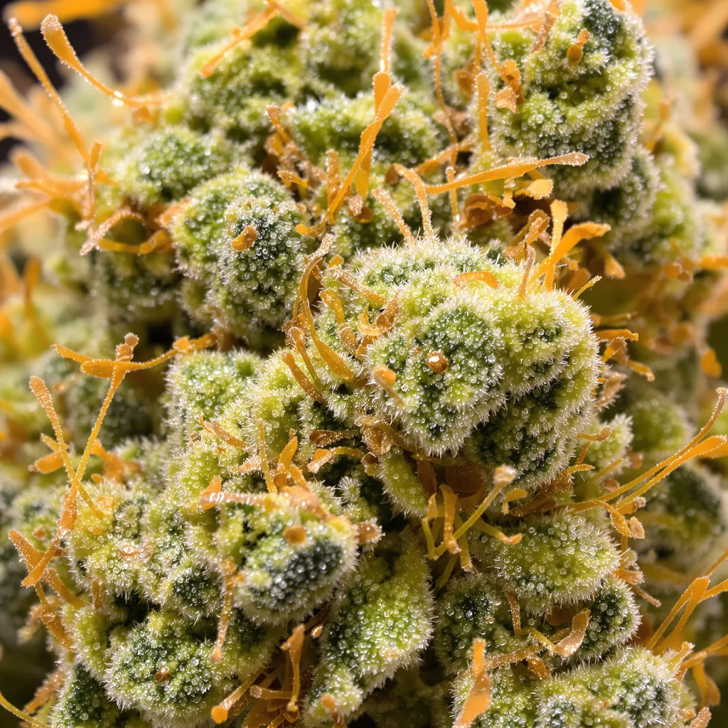 Gros plan de fleur de cannabis Diesel montrant structure aérée vert lime