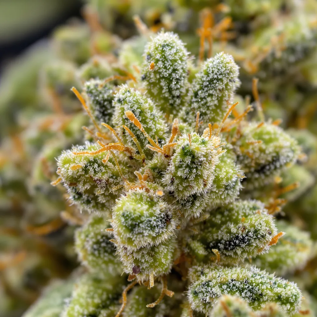 Gros plan de fleur de cannabis Diesel Power montrant structure aérée vert lime