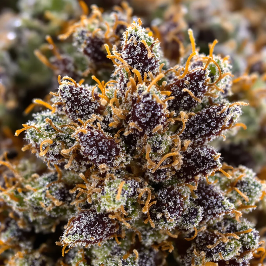 Gros plan de fleur de cannabis Dinachem montrant calices denses aux reflets violets
