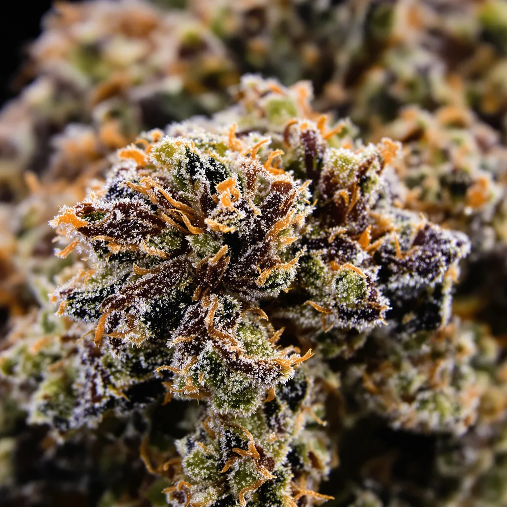 Gros plan de fleur de cannabis Dinachem montrant calices denses aux reflets violets