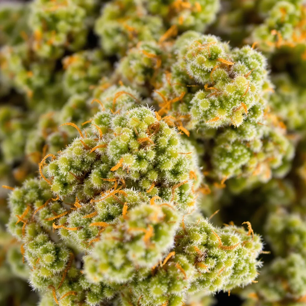 Gros plan de fleur de cannabis Dirty Girl montrant structure aérée vert lime
