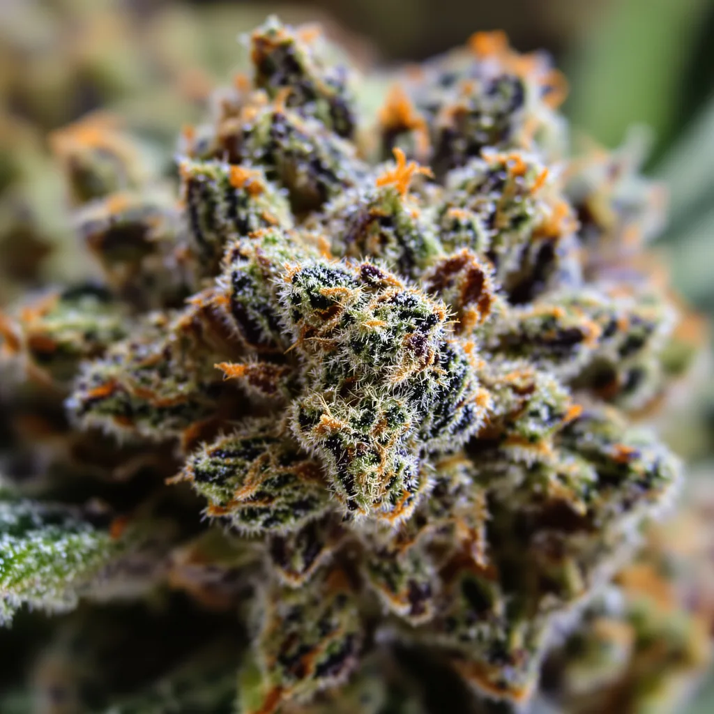 Gros plan de fleur de cannabis Disney Blue montrant calices denses aux reflets violets