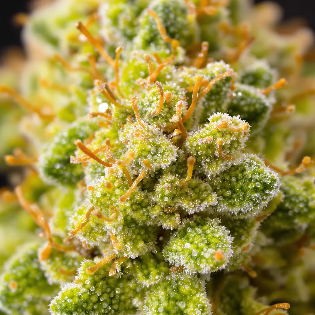 Gros plan de fleur de cannabis Dizzy OG montrant structure aérée vert lime