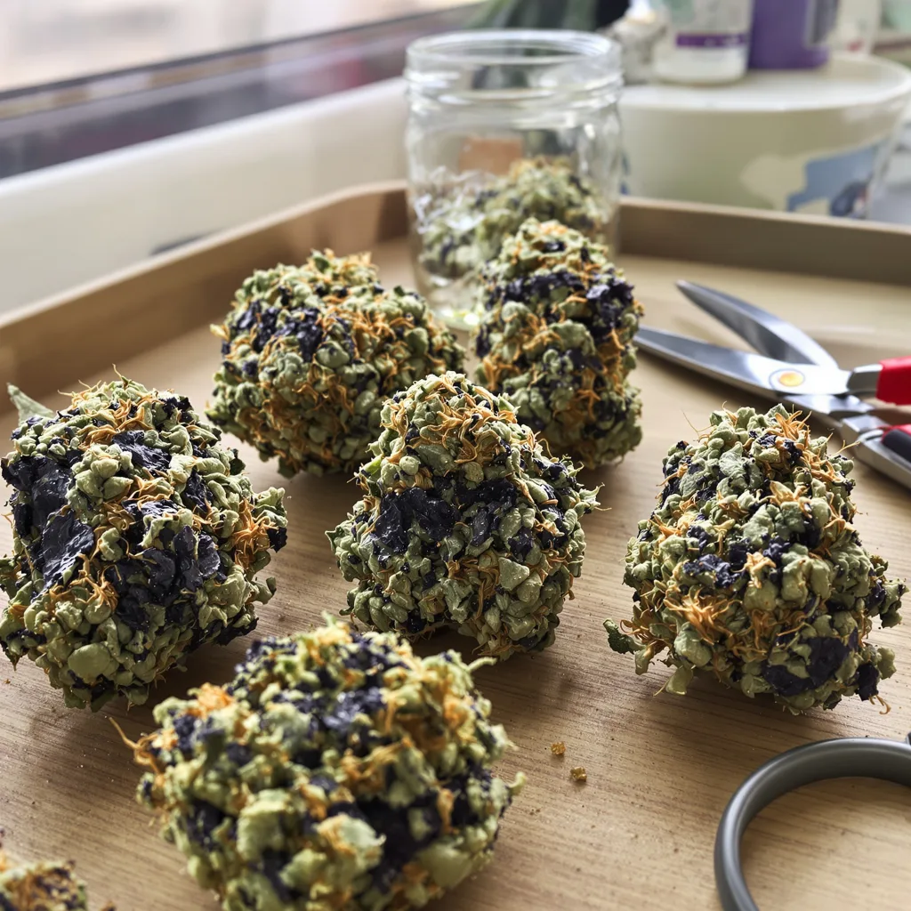 DJ Short Blueberry 80% indica / 20% sativa — fleur avec trichomes visibles