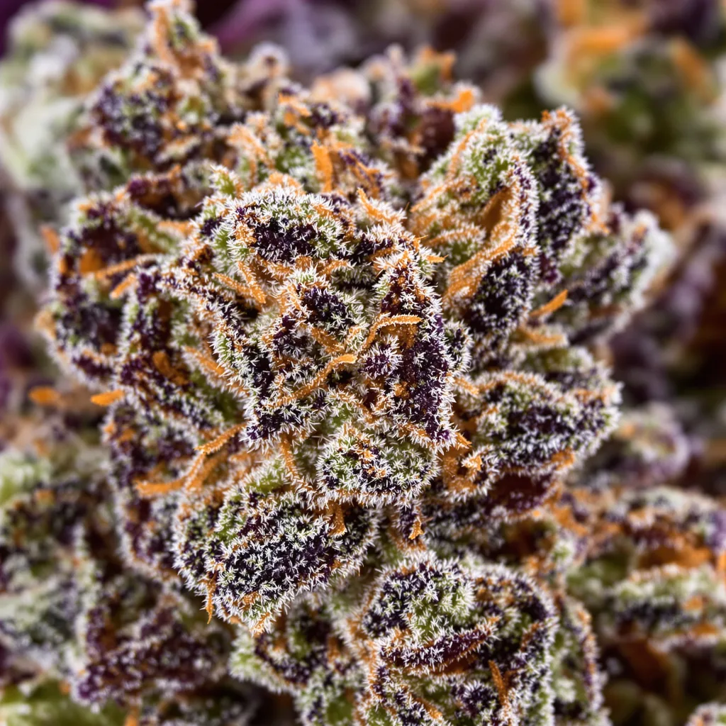 Gros plan de fleur de cannabis DJ Short Blueberry montrant calices denses aux reflets violets