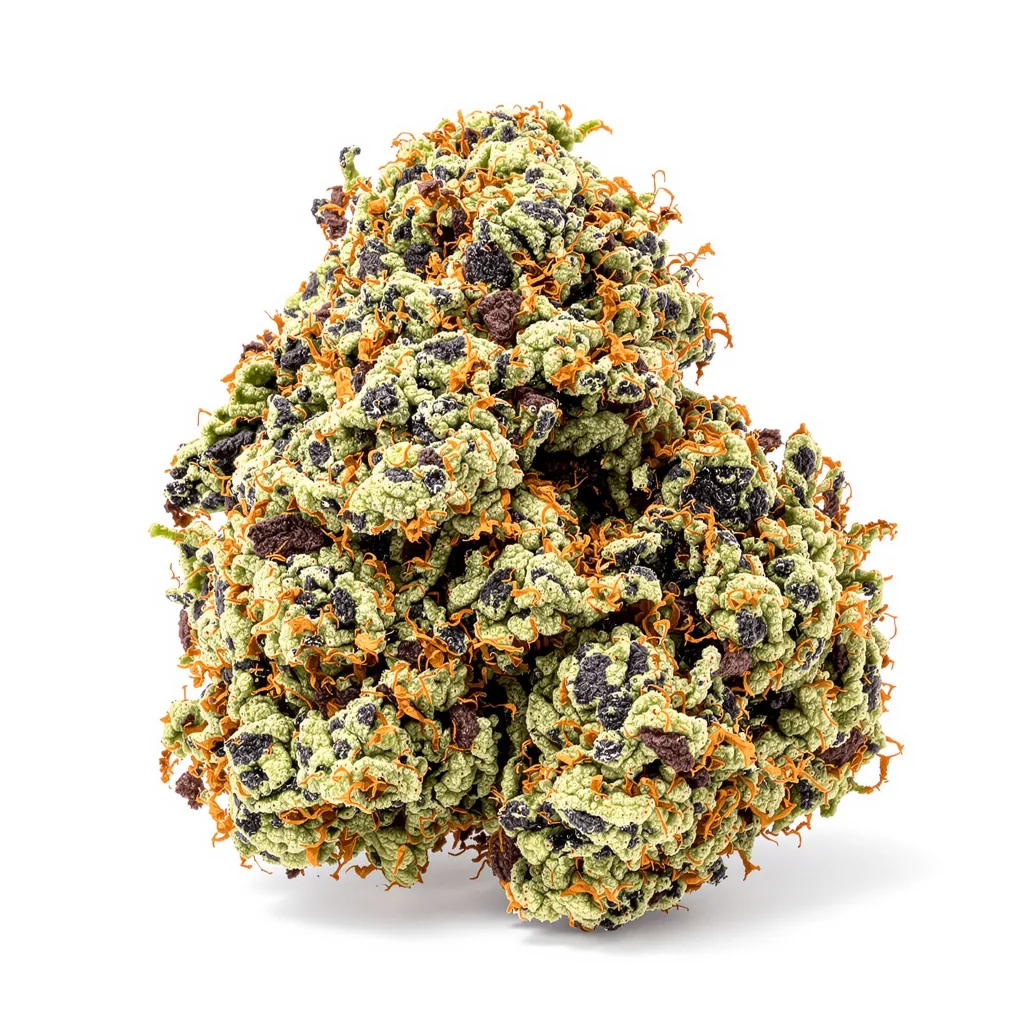DJ Short Blueberry 80% indica / 20% sativa — fleur avec trichomes visibles