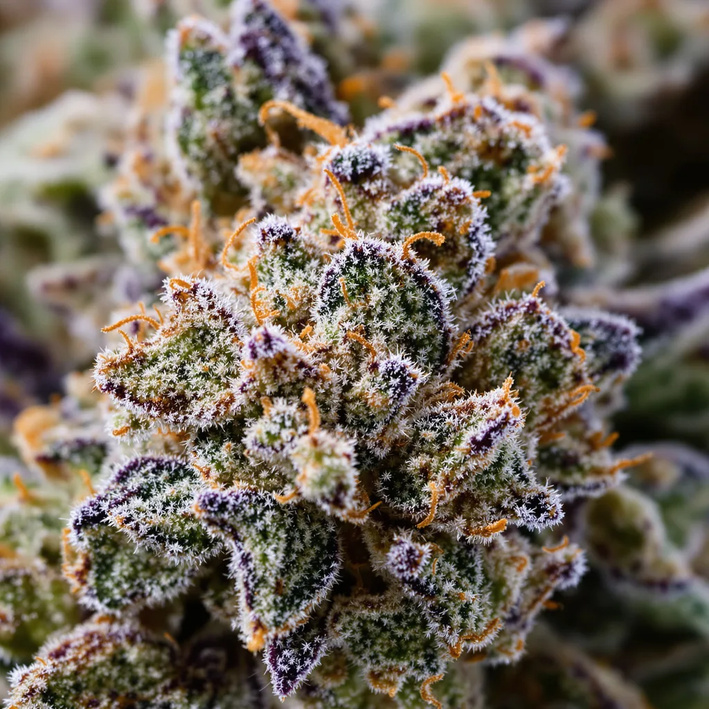 Gros plan de fleur de cannabis Do-Si-Dos montrant structure équilibrée avec trichomes givrés