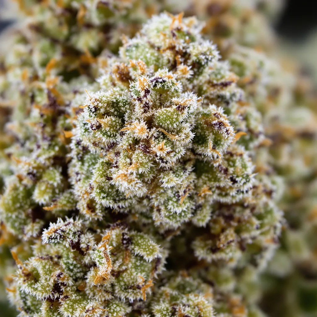 Gros plan de fleur de cannabis Do-Si-Dos montrant structure équilibrée avec trichomes givrés