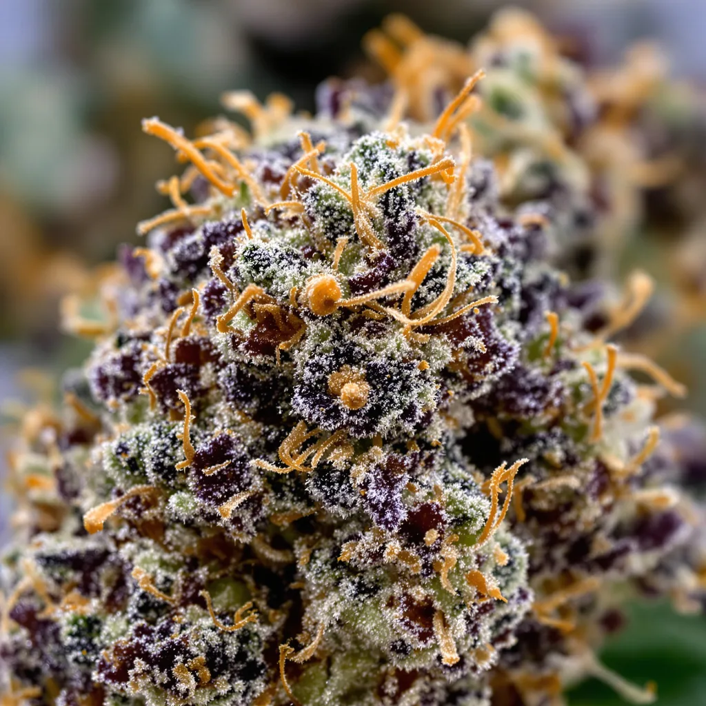 Gros plan de fleur de cannabis Dogwalker OG montrant calices denses aux reflets violets