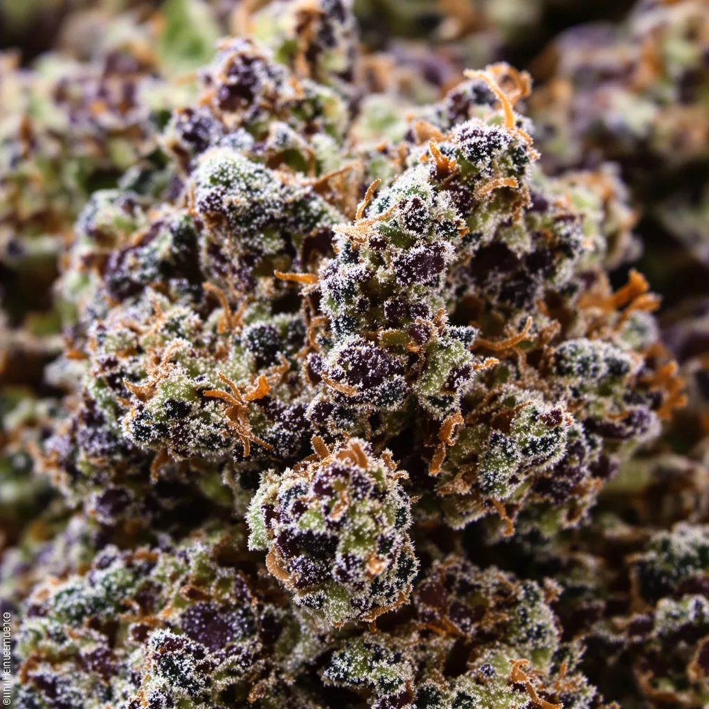 Gros plan de fleur de cannabis Dogwalker OG montrant calices denses aux reflets violets