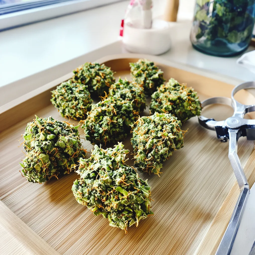 Domino 12% indica / 88% sativa — fleur avec trichomes visibles