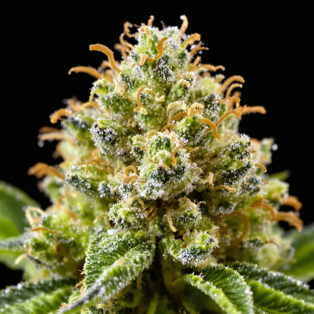 Gros plan de fleur de cannabis Domino montrant structure aérée vert lime