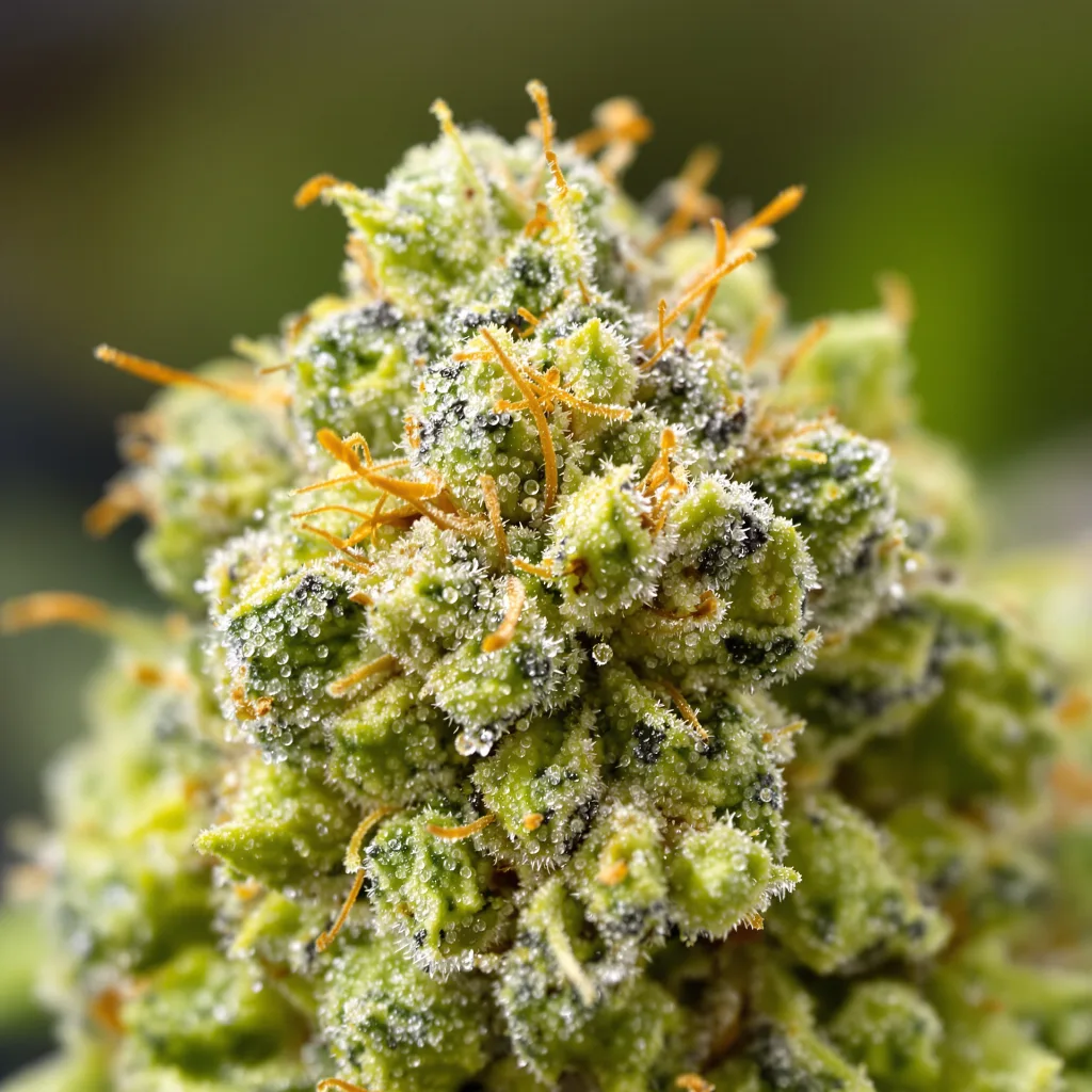 Gros plan de fleur de cannabis Doobiebird Daydream montrant structure aérée vert lime