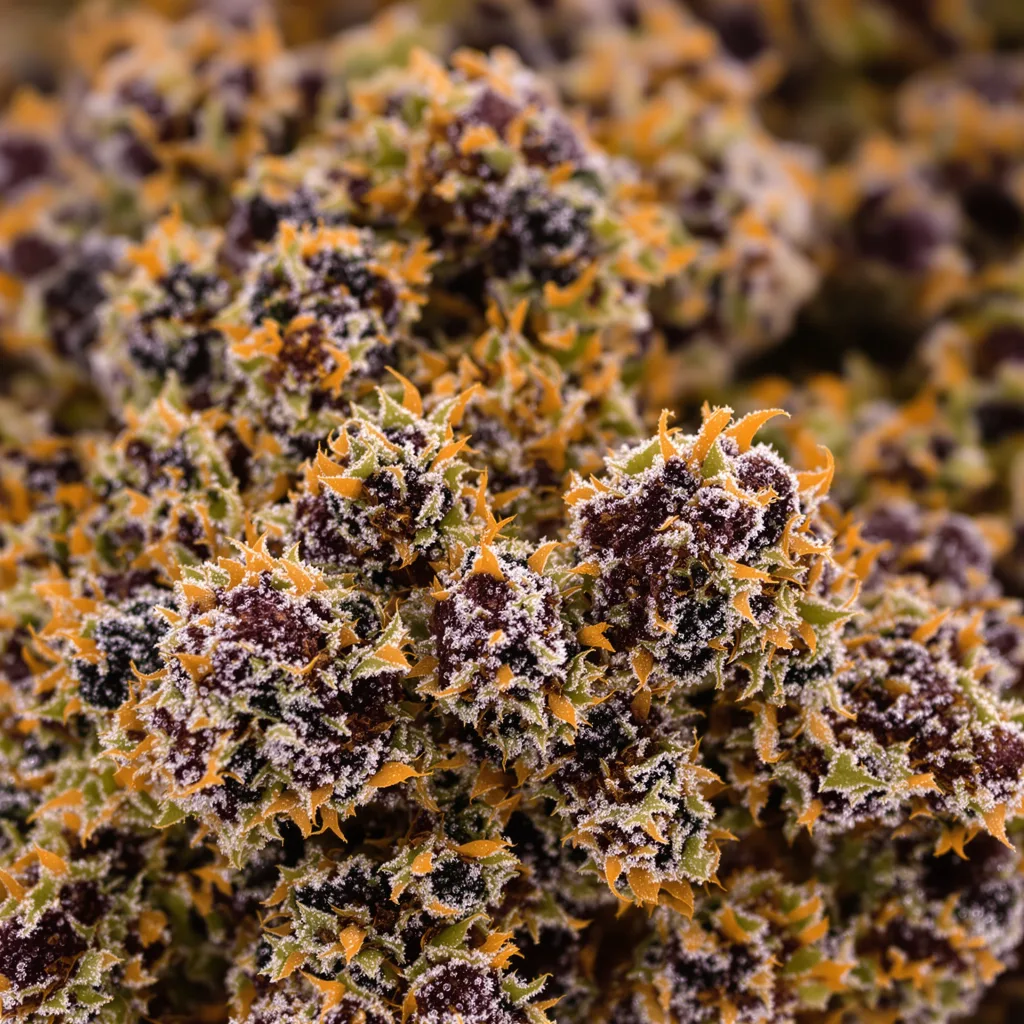 Gros plan de fleur de cannabis Dorit montrant calices denses aux reflets violets