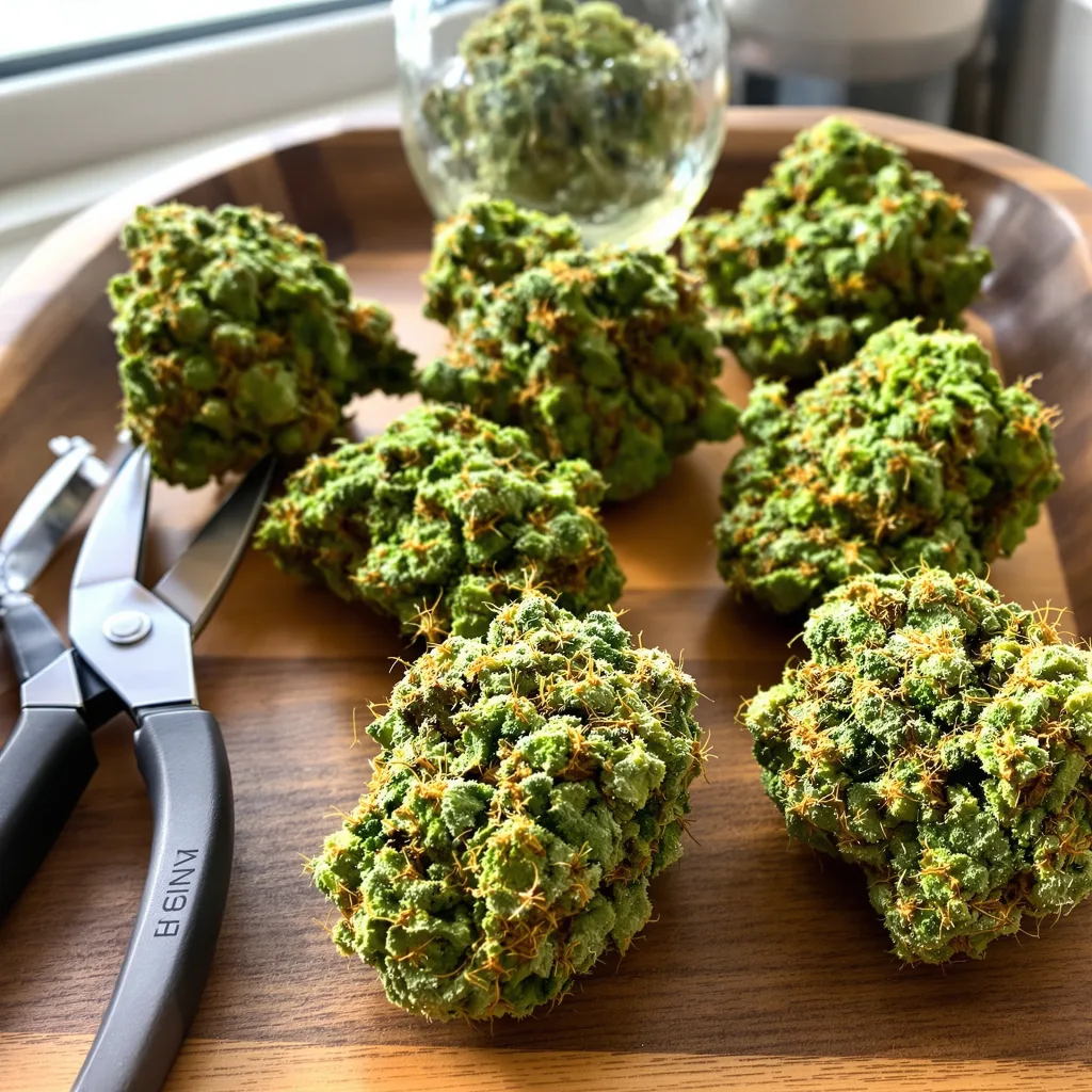 Double Dream 16% indica / 84% sativa — fleur avec trichomes visibles