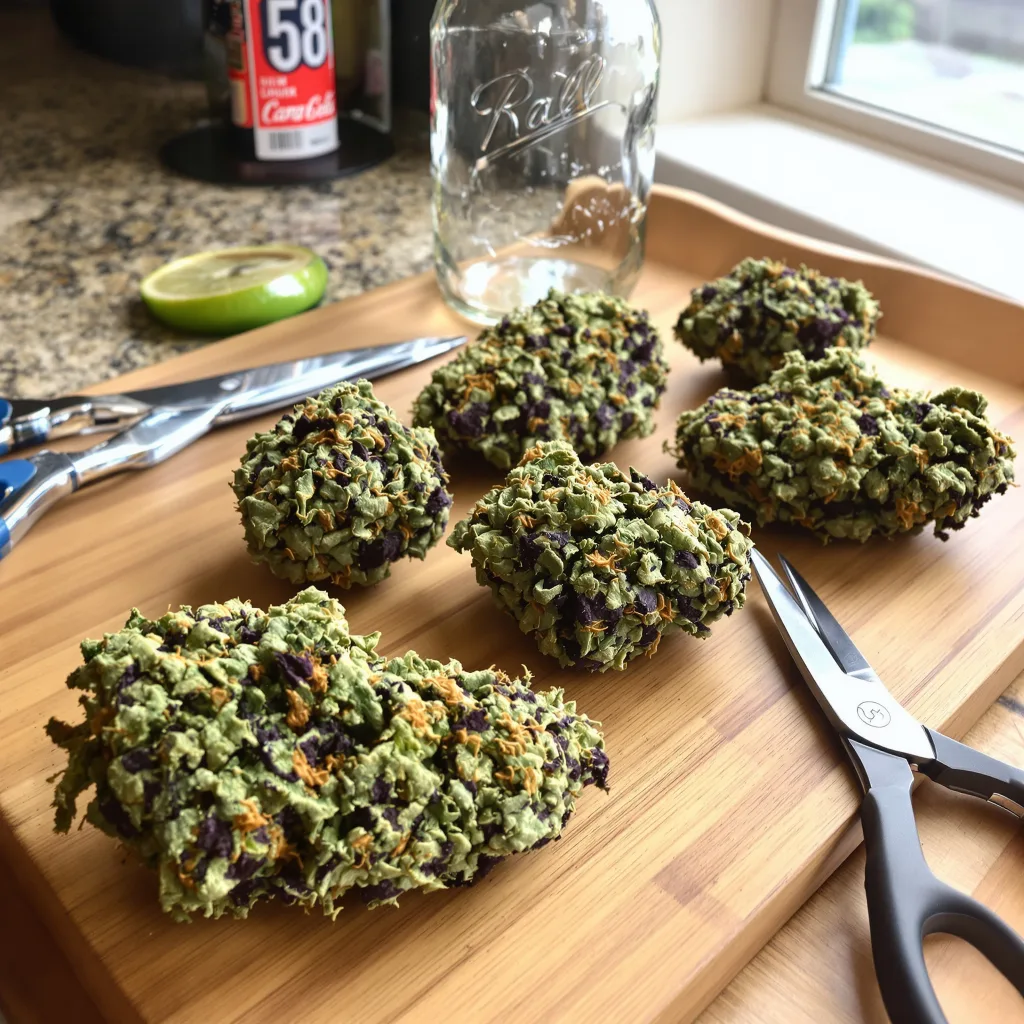 Double OG 85% indica / 15% sativa — fleur avec trichomes visibles