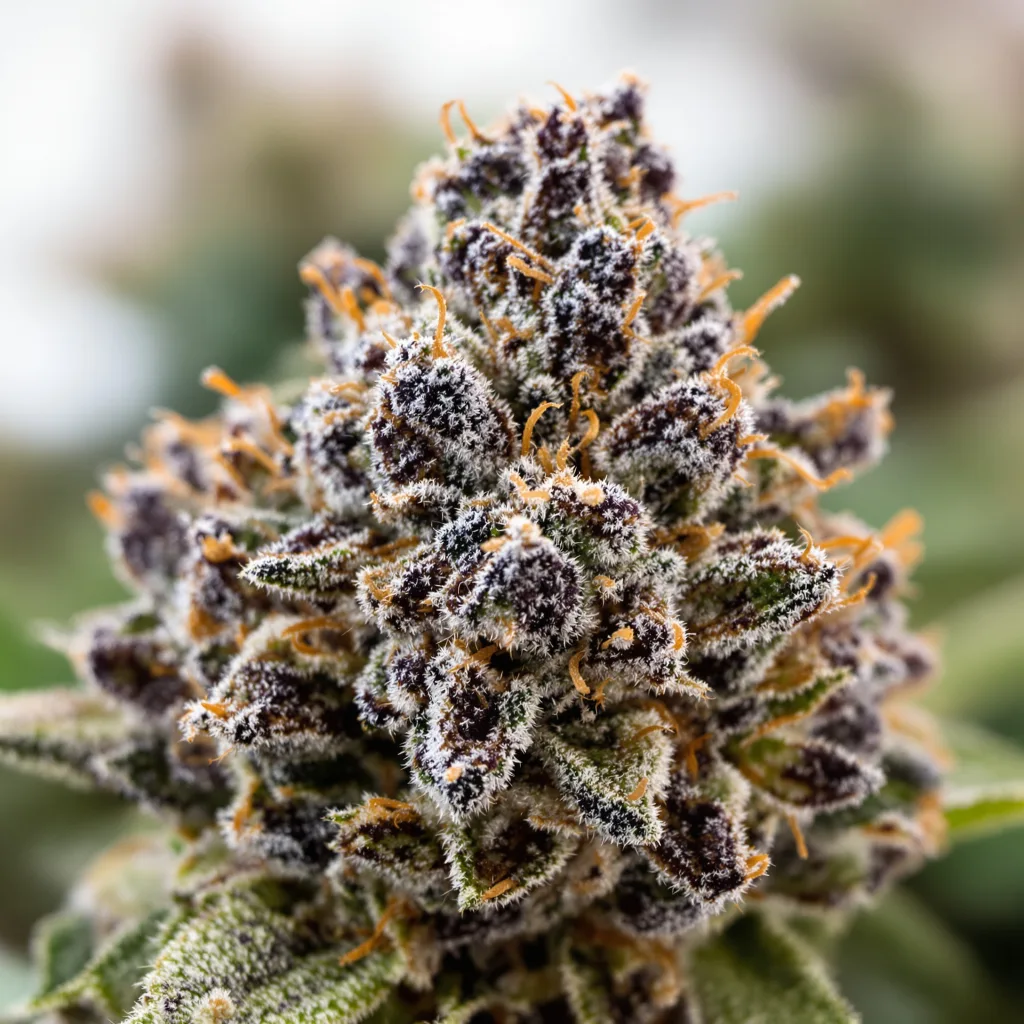 Gros plan de fleur de cannabis Double OG montrant calices denses aux reflets violets