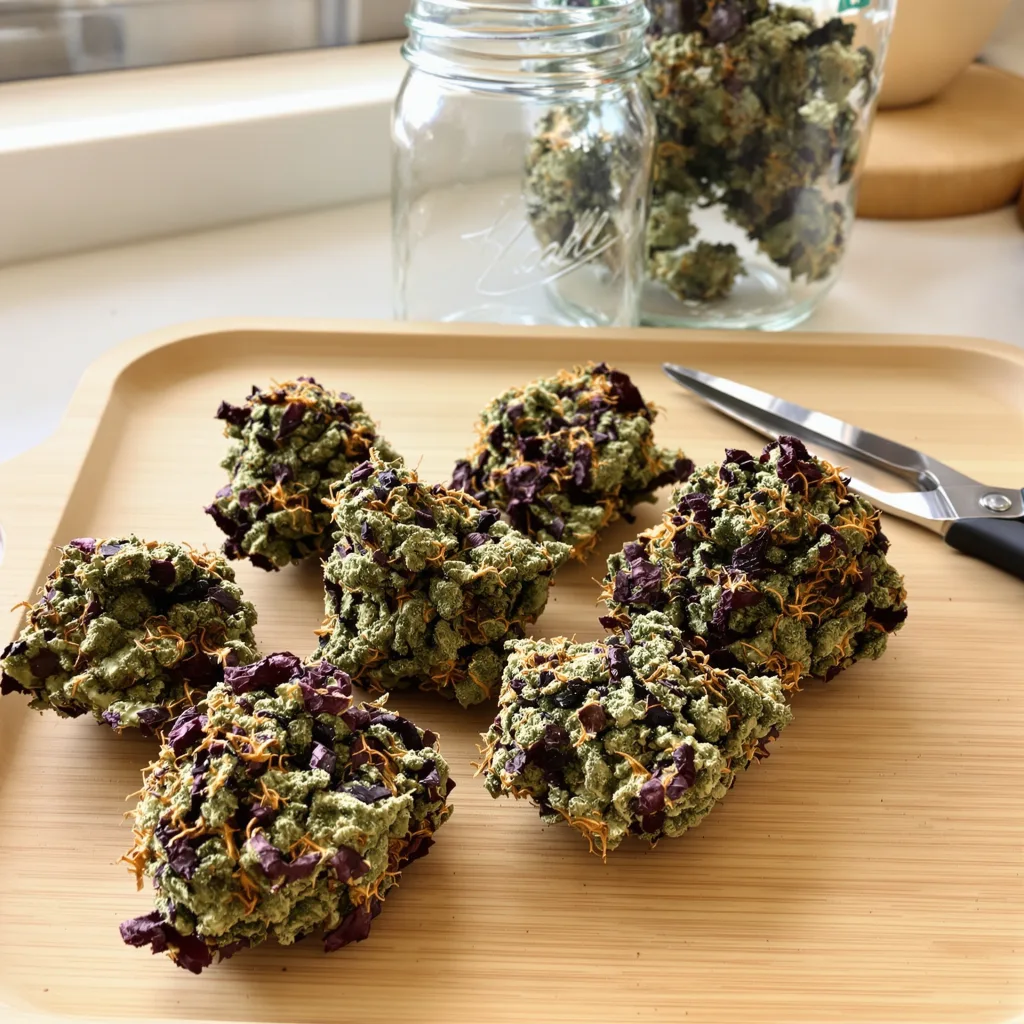 Double Purple Doja 68% indica / 32% sativa — fleur avec trichomes visibles