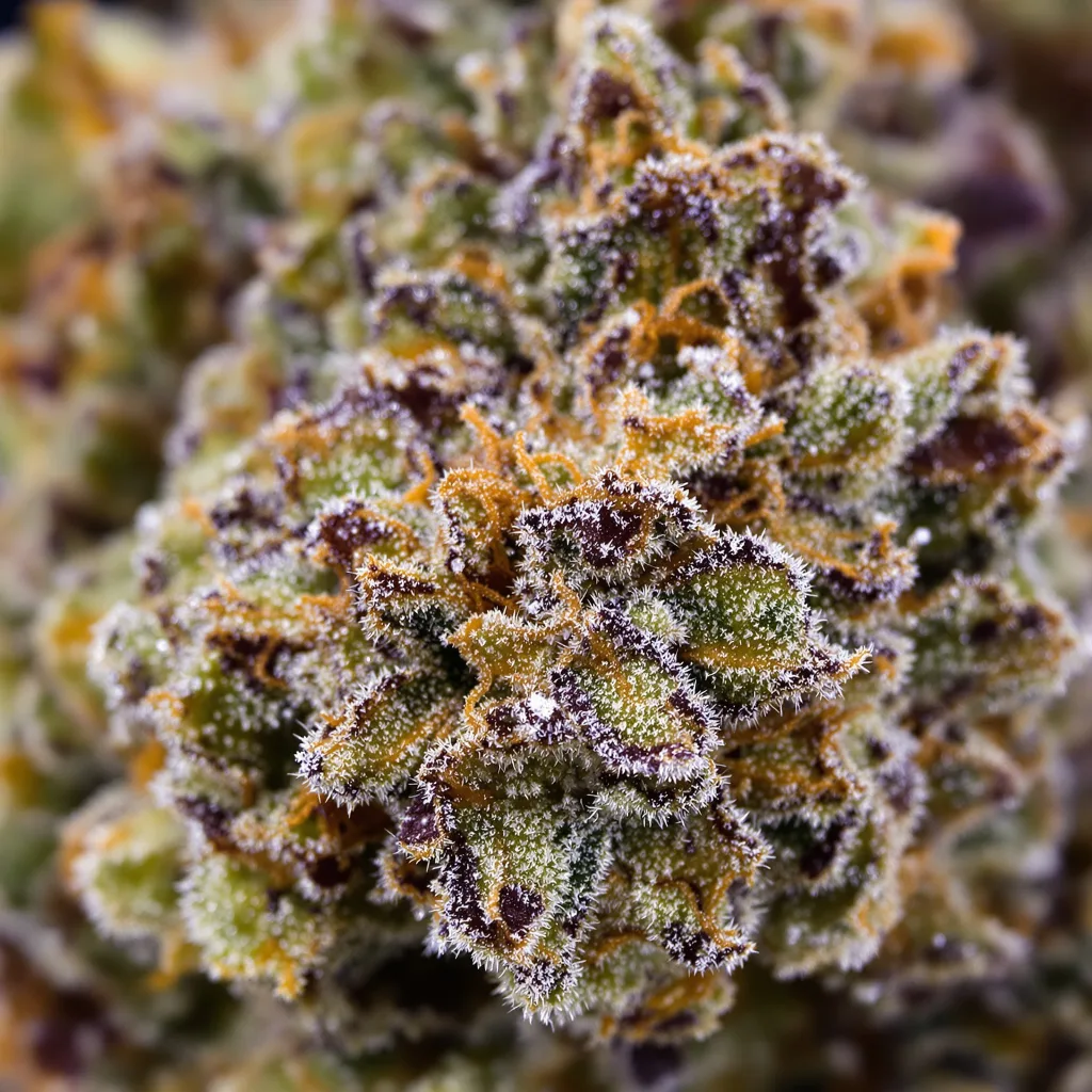 Gros plan de fleur de cannabis Double Purple Doja montrant calices denses aux reflets violets