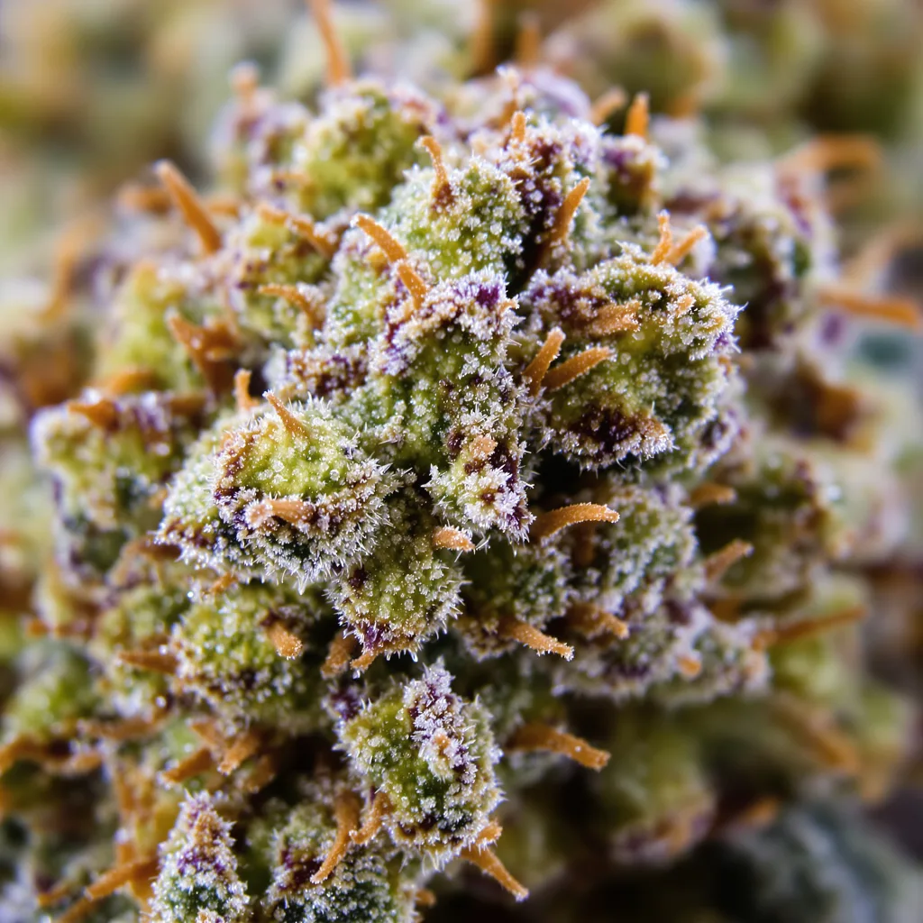 Gros plan de fleur de cannabis Dr. Who montrant structure équilibrée avec trichomes givrés