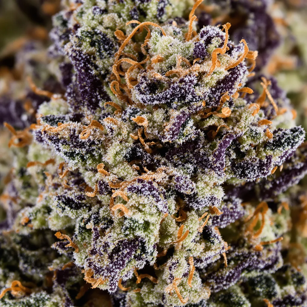 Gros plan de fleur de cannabis Dream Berry montrant calices denses aux reflets violets