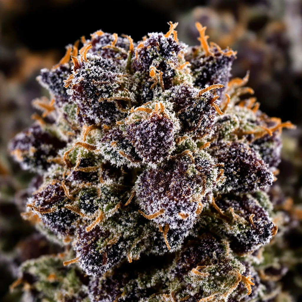 Gros plan de fleur de cannabis Dream Queen montrant calices denses aux reflets violets