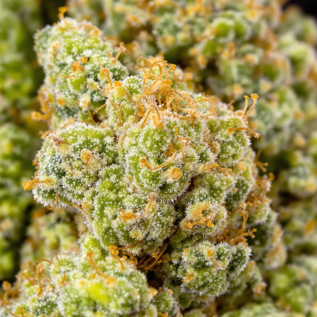 Gros plan de fleur de cannabis Durban Poison montrant structure aérée vert lime