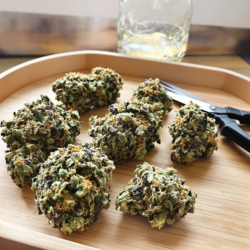 Durga Mata 77% indica / 23% sativa — fleur avec trichomes visibles