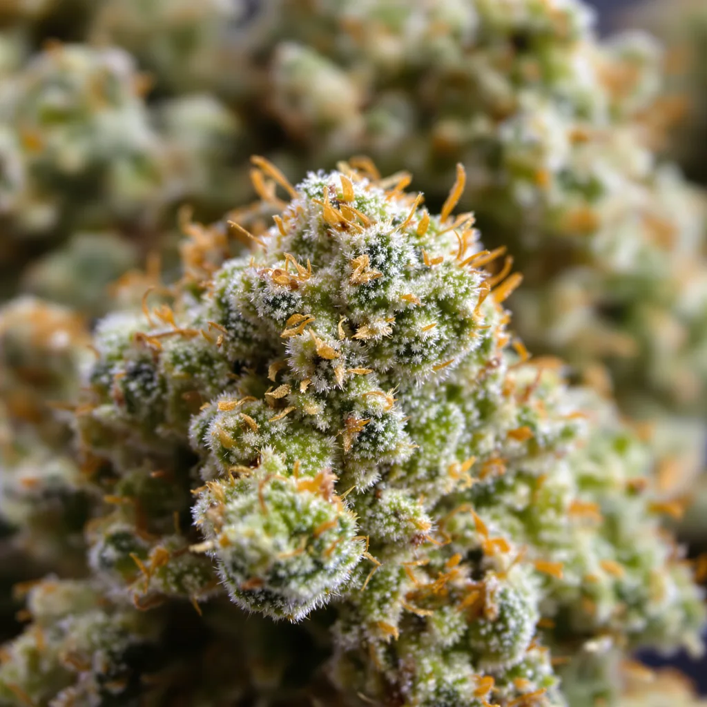 Gros plan de fleur de cannabis Dutch Dragon montrant structure aérée vert lime