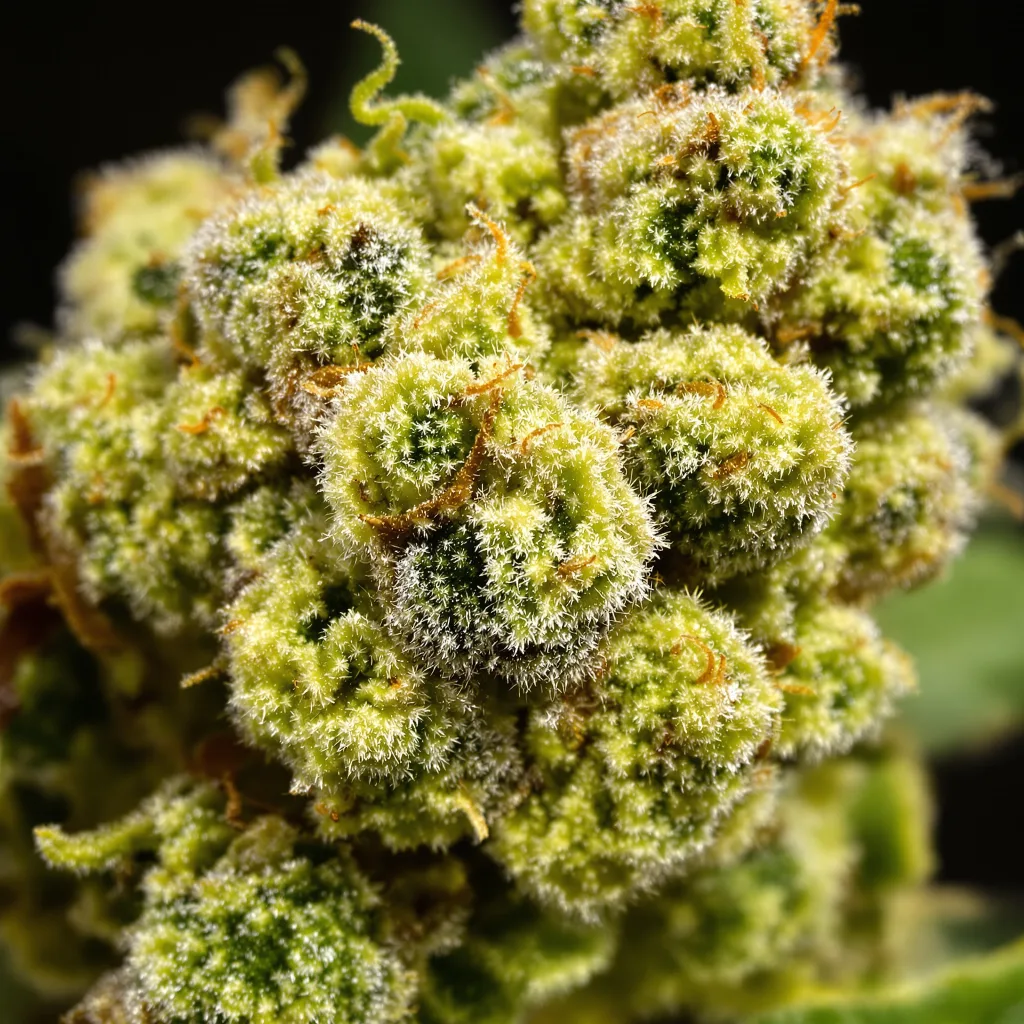 Gros plan de fleur de cannabis Dutch Hawaiian montrant structure aérée vert lime