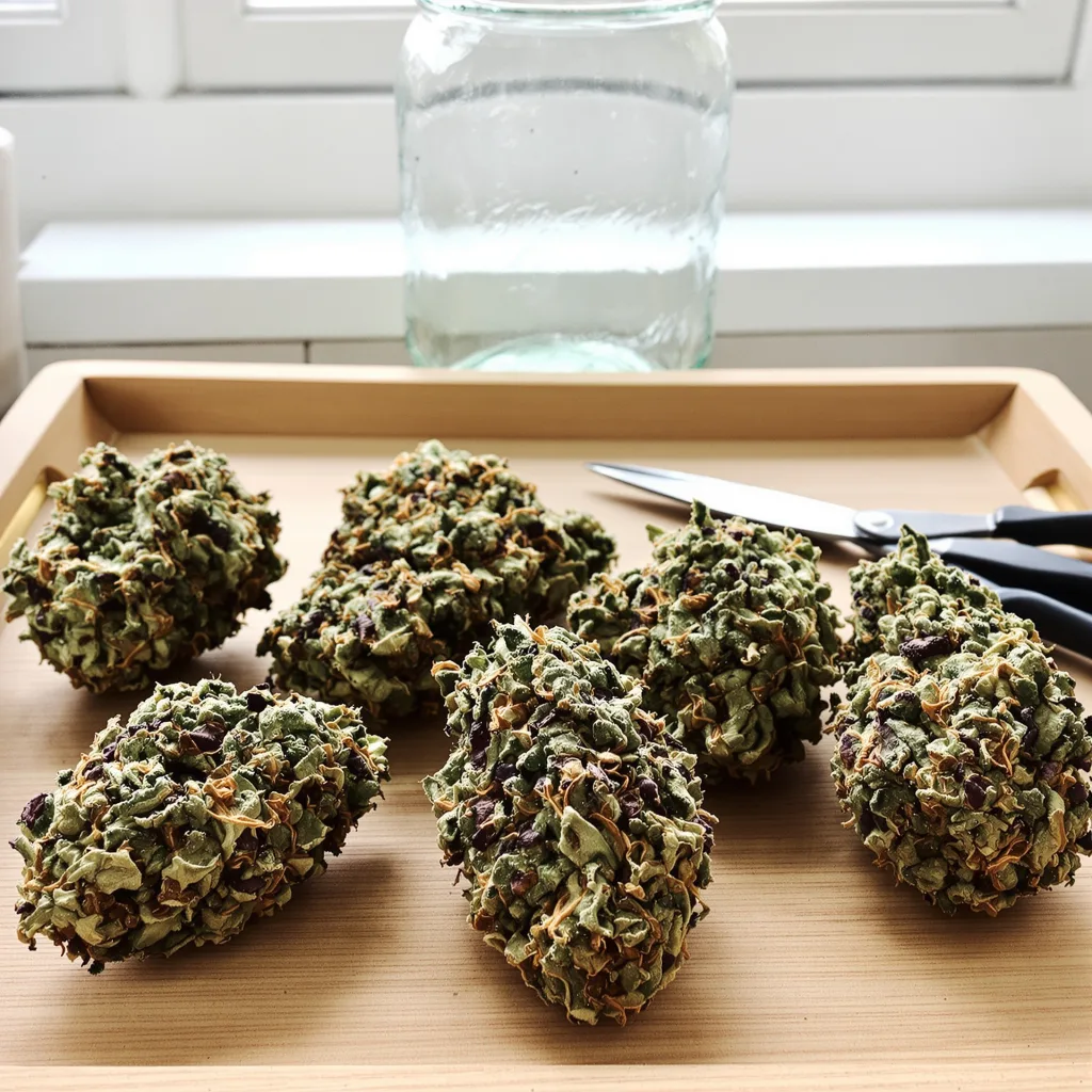 Dutch Kush 70% indica / 30% sativa — fleur avec trichomes visibles