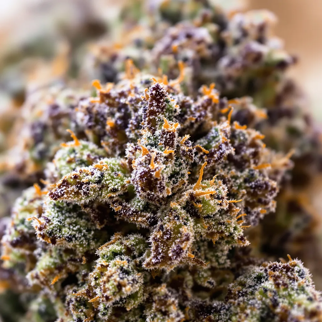 Gros plan de fleur de cannabis Dutch Kush montrant calices denses aux reflets violets