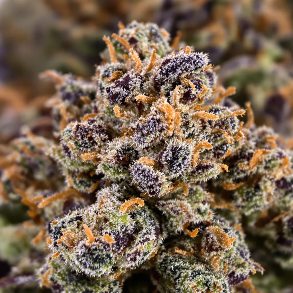 Gros plan de fleur de cannabis Dutch Treat montrant calices denses aux reflets violets
