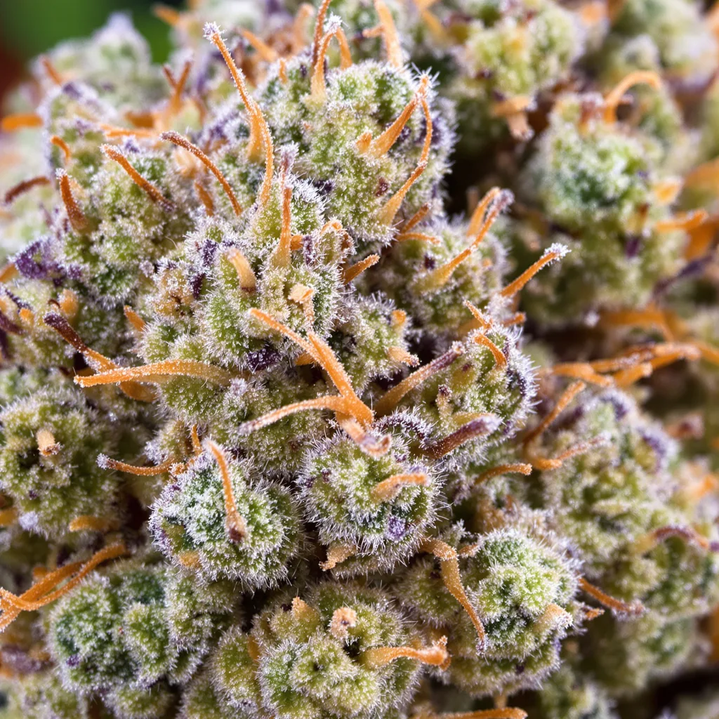 Gros plan de fleur de cannabis Dutchberry montrant structure ouverte avec pistils orangés