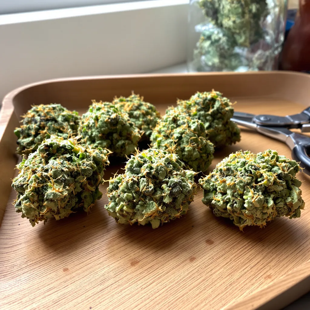 Dynamite Diesel 19% indica / 81% sativa — fleur avec trichomes visibles