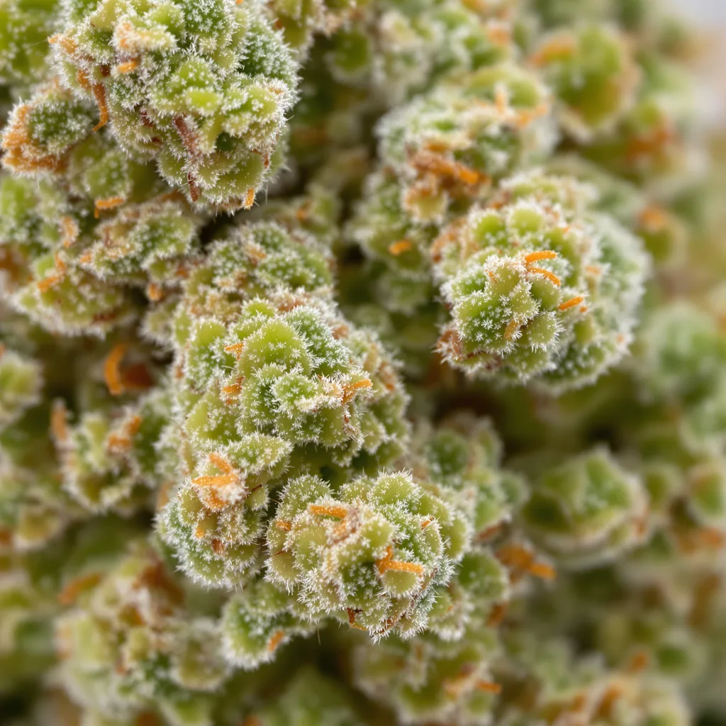 Gros plan de fleur de cannabis Dynamite Diesel montrant structure aérée vert lime