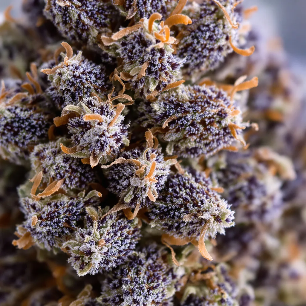 Gros plan de fleur de cannabis Dynamite montrant calices denses aux reflets violets