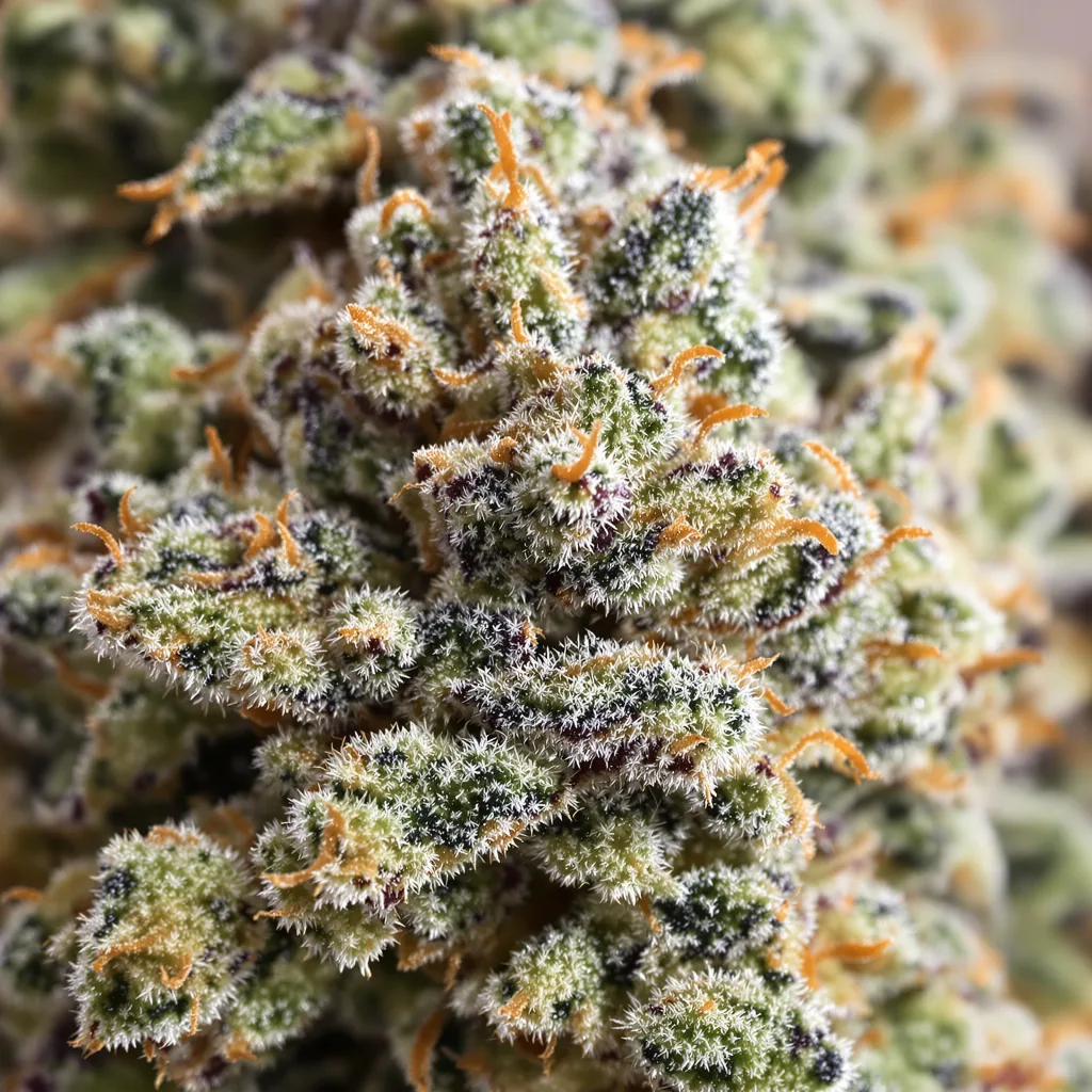 Gros plan de fleur de cannabis Early Miss montrant structure équilibrée avec trichomes givrés