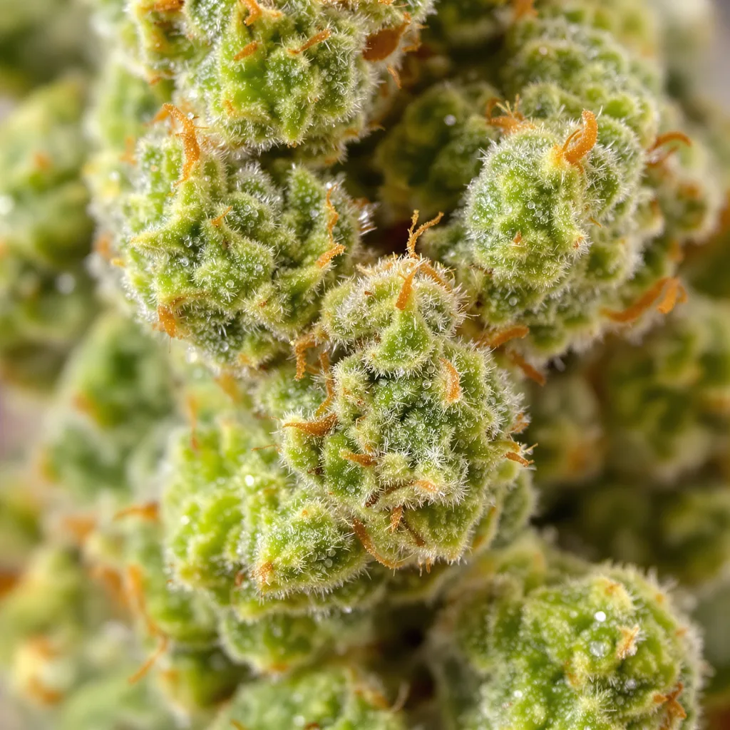 Gros plan de fleur de cannabis East Coast Sour Diesel montrant structure aérée vert lime