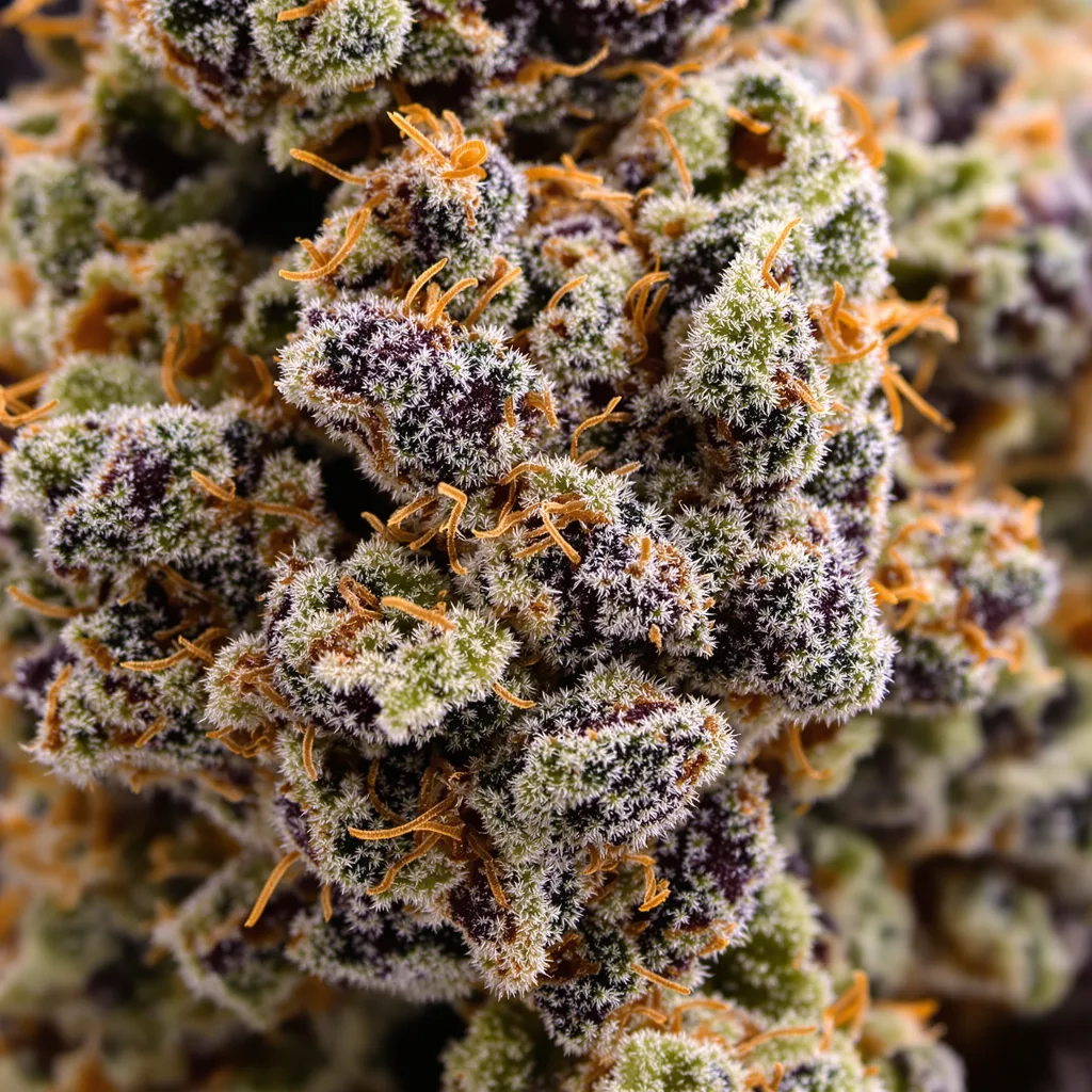 Gros plan de fleur de cannabis Edelweiss montrant calices denses aux reflets violets
